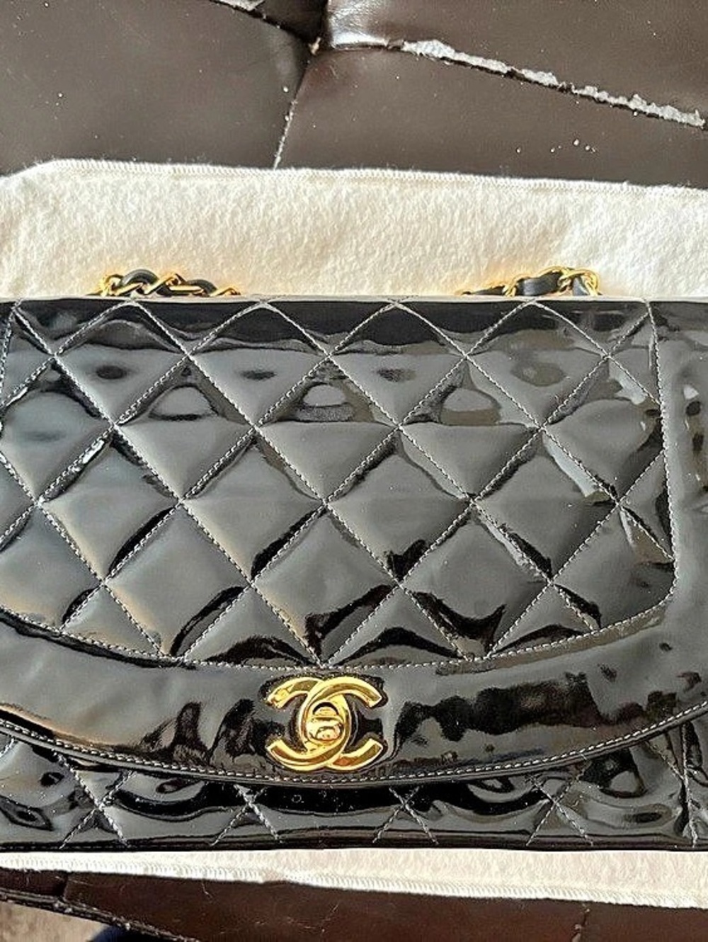 Chanel Black Patent Leather Diana w 24k Gold Plated Hardware - Medium Size